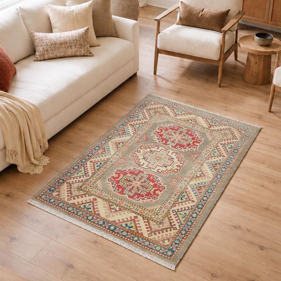 Tapis salon 81 x 126 cm, géométrique, gris et beige, en laine, kazak co 59