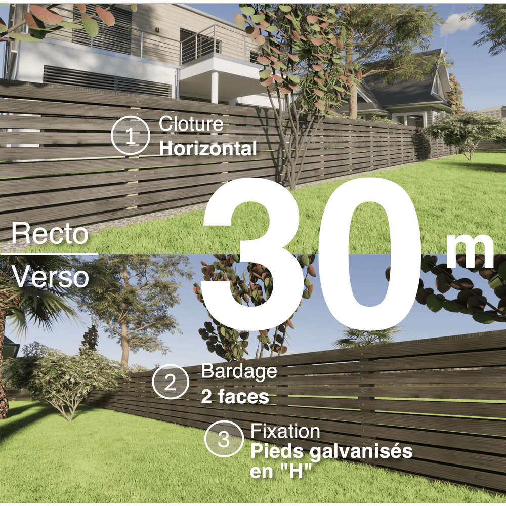 Kit clôture bois moderne 30m – h 0,9m – 20 x 70 mm noir par trempage – pose horizontal – double face – support galva