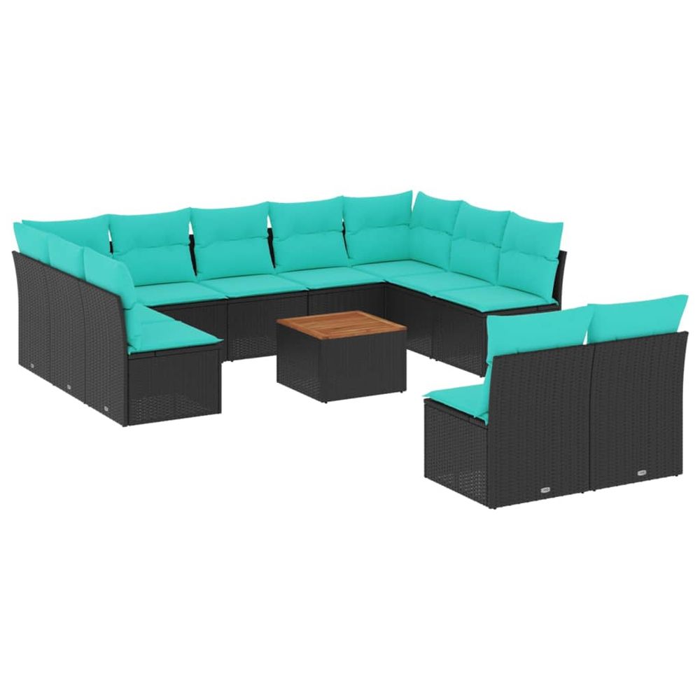 Salon de jardin avec coussins 12 pcs noir résine tressée