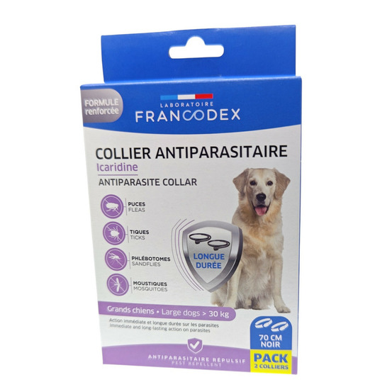 Colliers antiparasitaire icaridine x2 noir 70 cm pour chien de plus de 30 k