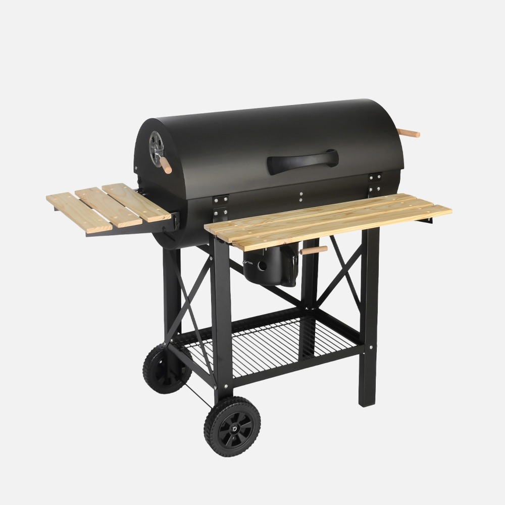 Barbecue charbon de bois serge noir, fumoir, smoker américain, récupérateur de cendre, tablettes, roulettes