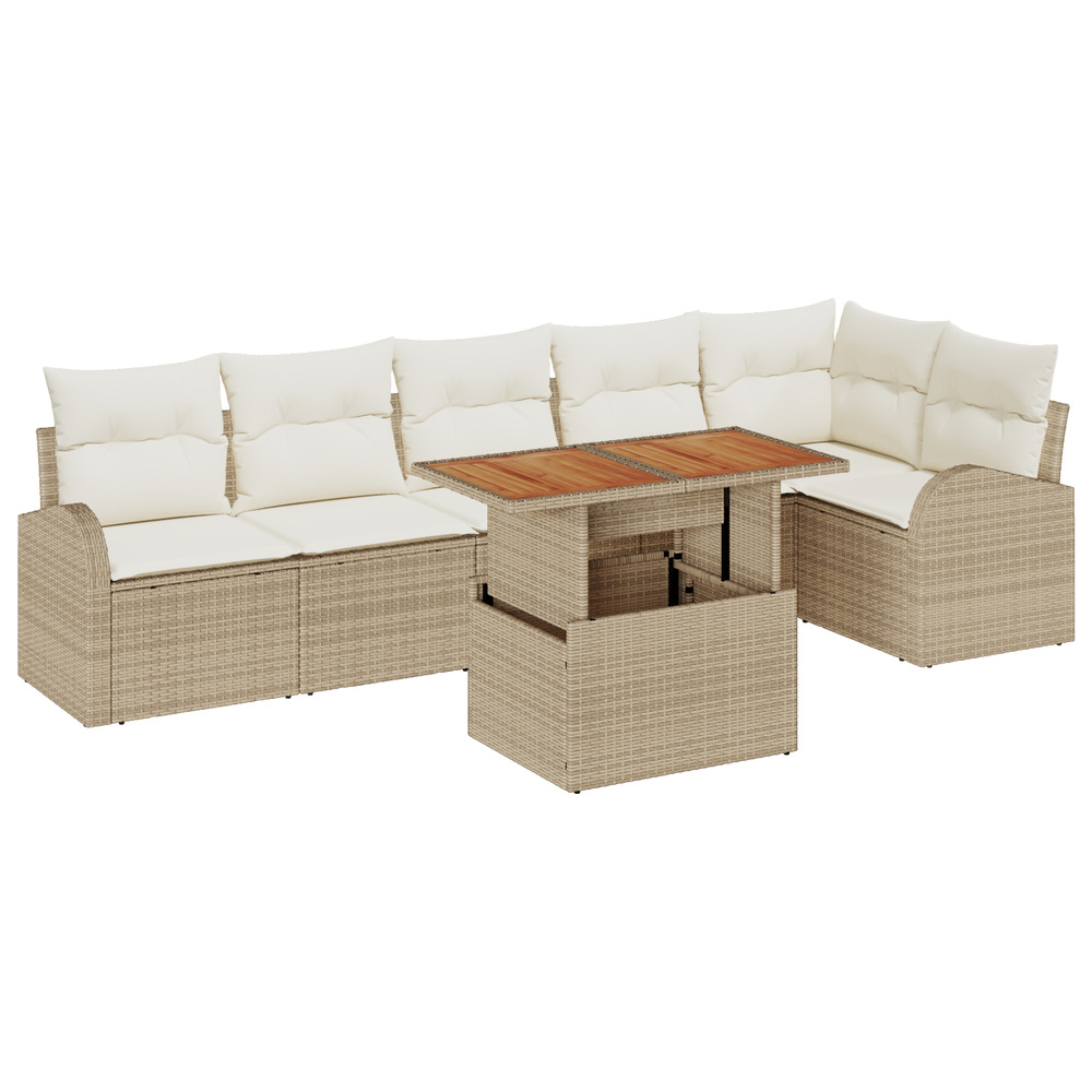 Ensemble de salle à manger de jardin 7 pièces avec coussins beige poly rattan acacia