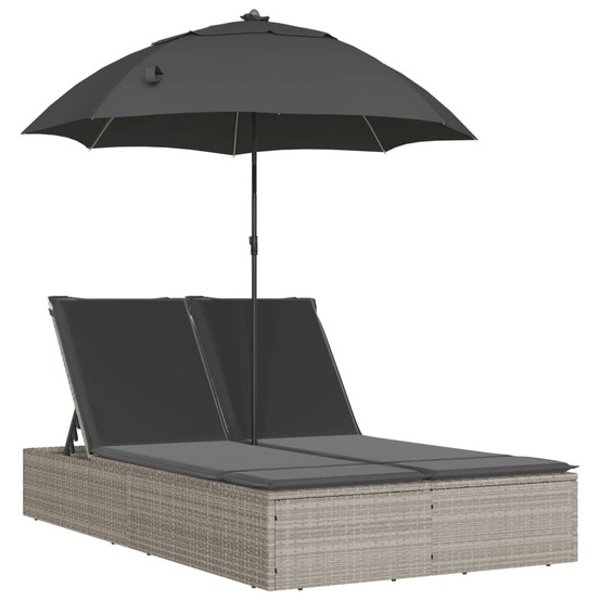 Chaise longue double avec coussins et parasol gris clair rotin