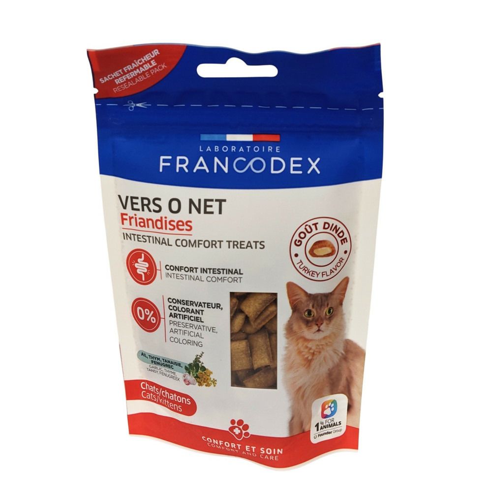 Vers o net friandises confort intestinal 65 g pour chats et chatons.
