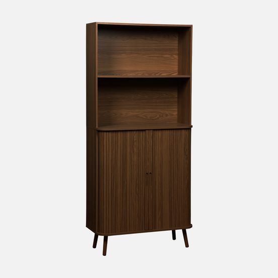 Etagère bibliothèque scandinave, 2 portes coulissantes, 4 niveaux, effet bois rainuré, l 80 x p 45 x h 180cm