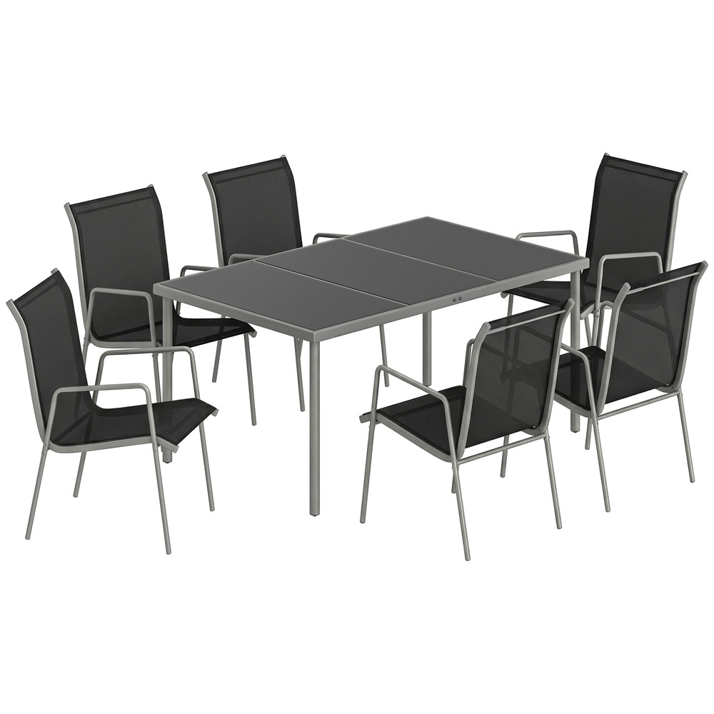 Ensemble repas de jardin 7 pièces, table 150 x 90 cm avec plateau en verre sécurit et 6 chaises respirantes
