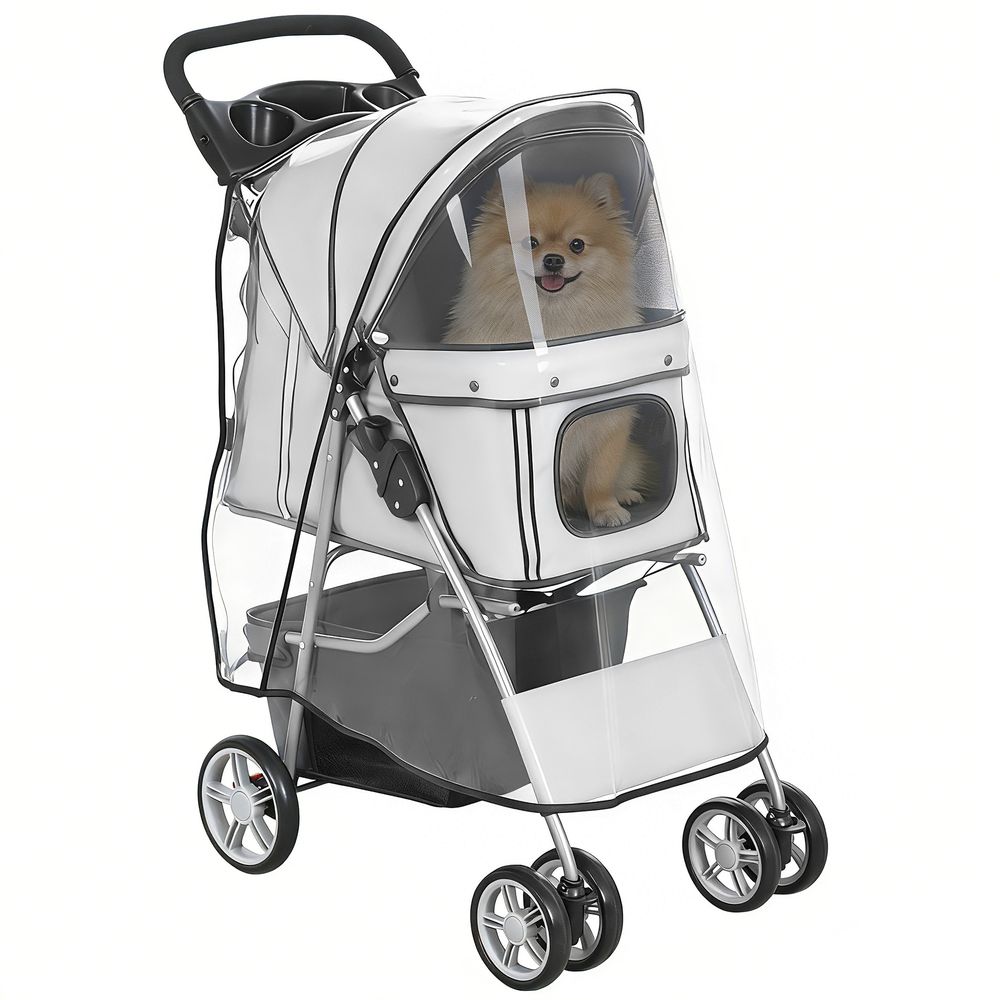 Poussette chien pliable acier et polyester balade sûre coussin lavable gris