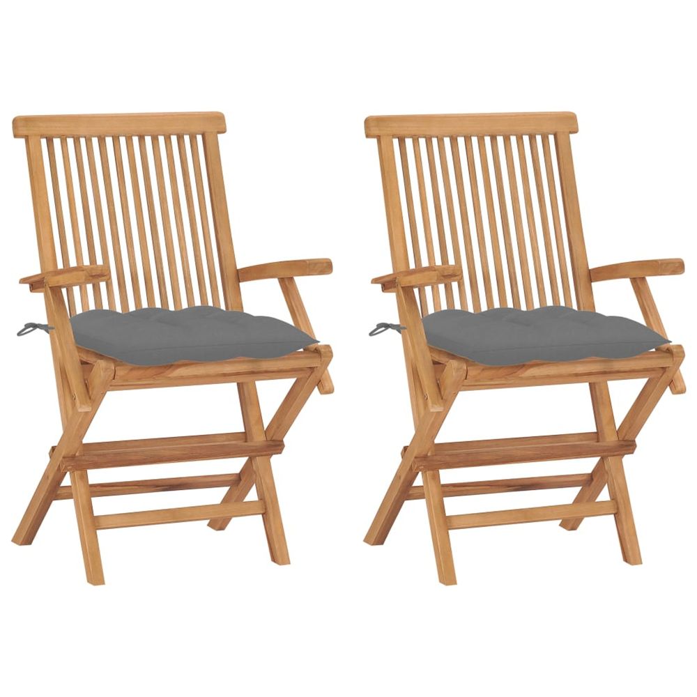Chaises pliantes avec coussins gris, 2 pièces, en teck massif