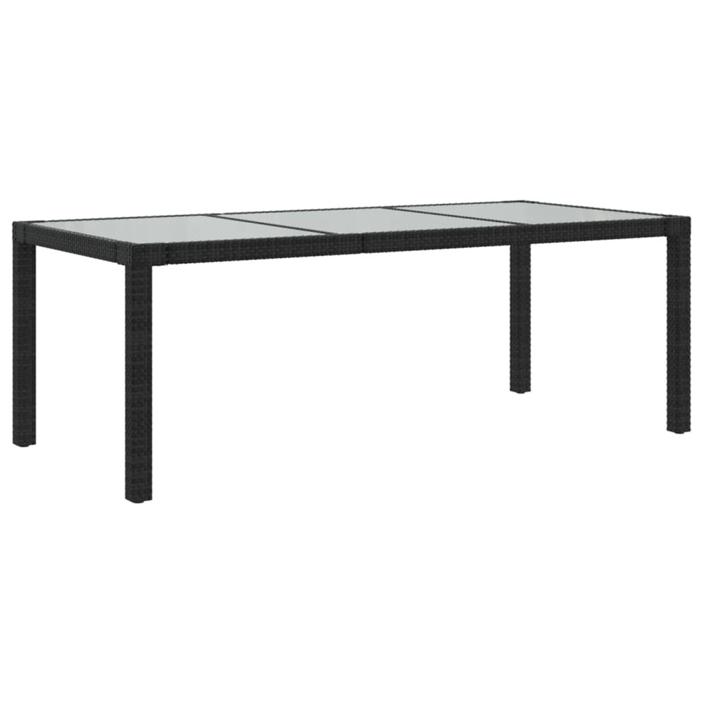 Table de jardin noir 190x90x75 cm verre trempé/résine tressée