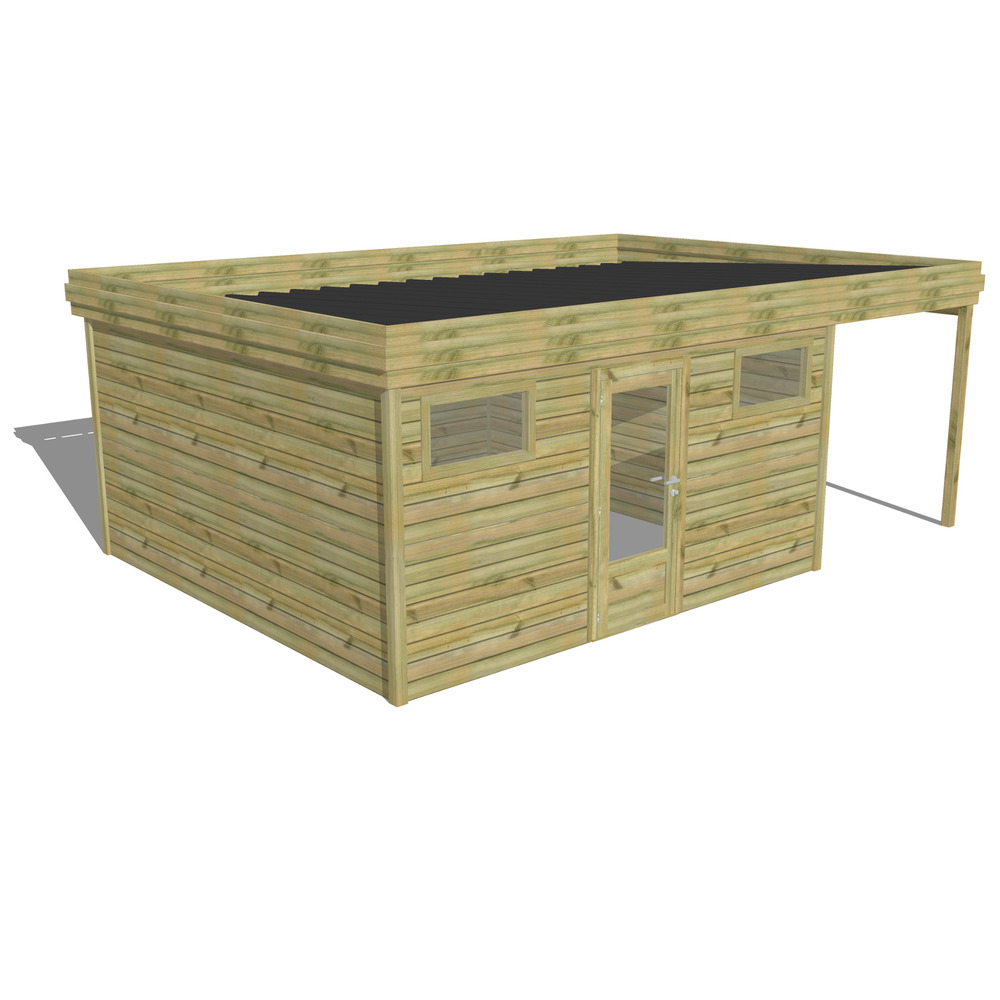 Abri de jardin bois pin traité autoclave 27mm - 6,34x4,34m / 28m2 - bac acier - abri français