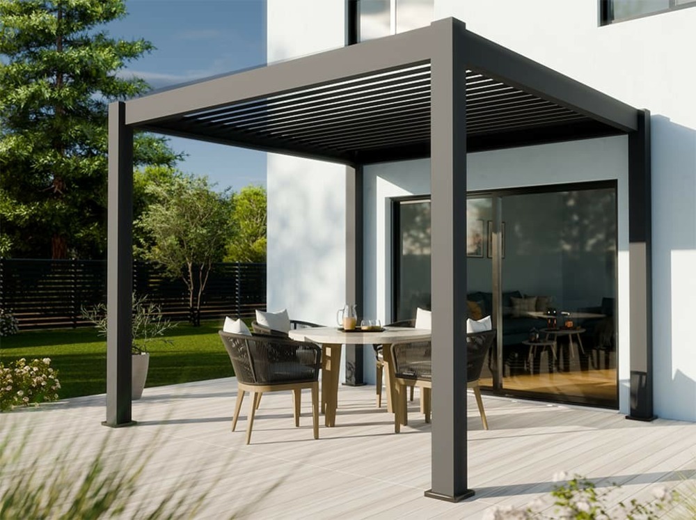 Pergola bioclimatique aluminium autoportee 9m² - 3x3m - gris - ouverture des lames jusque 90 degrés - lames en acier galvanisé
