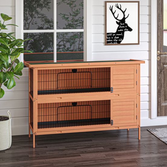 Clapier lapin bois sapin double étage extérieur toit bitumé 136cm orange