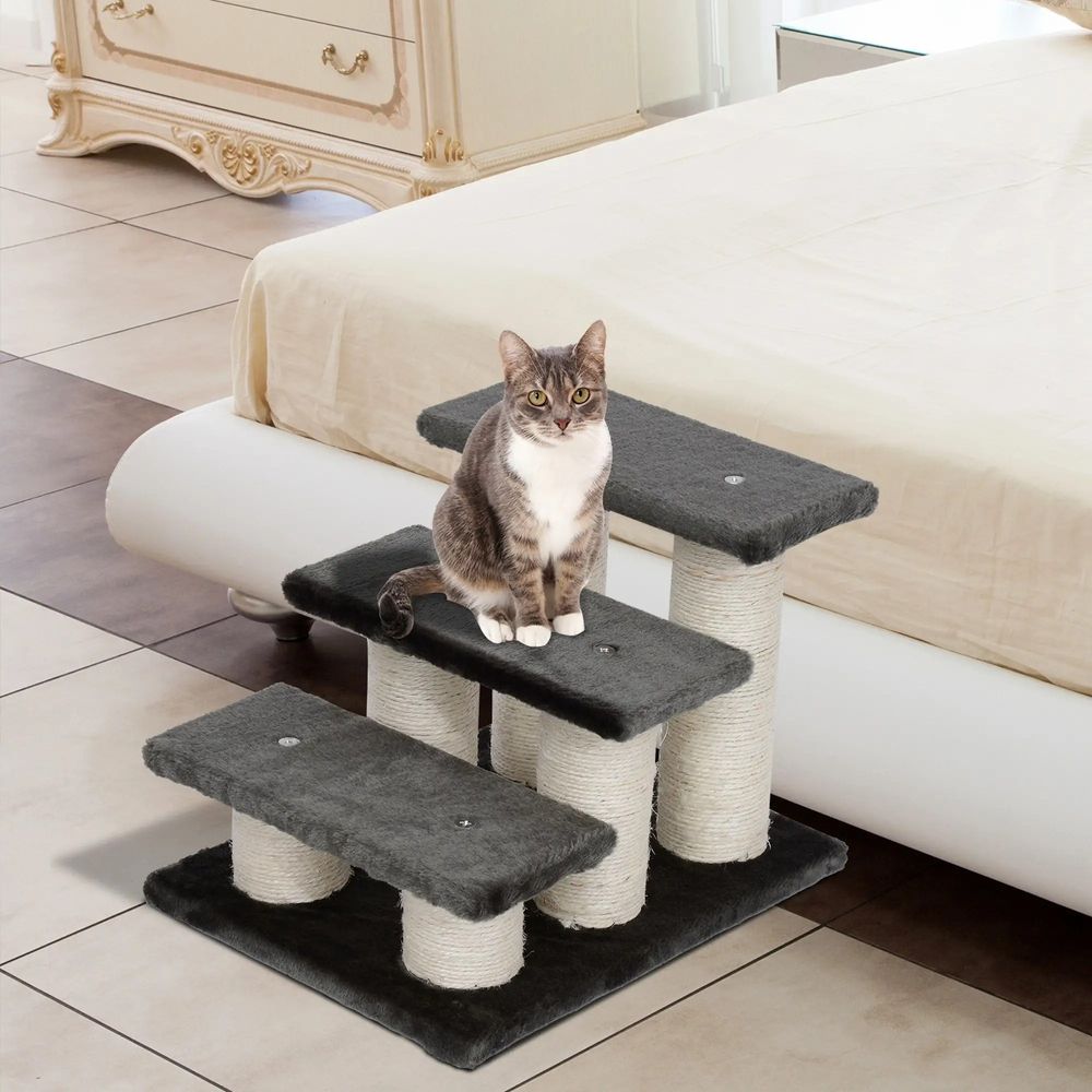 Escalier chien chat 3 marches peluche bois aide montée canapé lit gris 45x35cm - comfortxl pet living