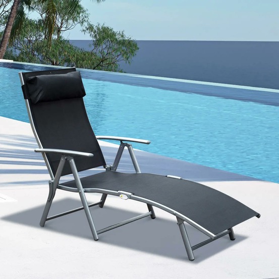 Transat chaise longue bain de soleil pliable dossier inclinable multi-positions têtière fournie 137l x 64l x 101h cm,noir