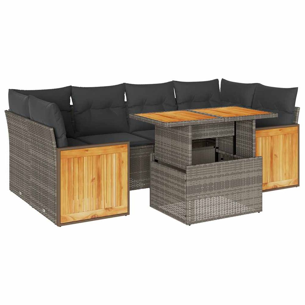 Salon de jardin avec coussins 7 pcs gris résine tressée acacia