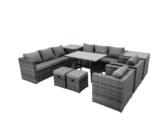 Ensembles de salons de jardin avec table à manger 2 tables d'appoint 2 petits tabourets 2 fauteuil 10 places gris foncé mixte