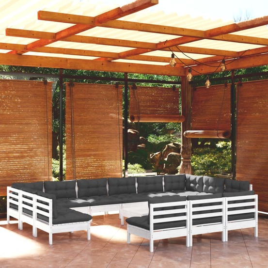 Salon de jardin 14 pcs avec coussins blanc bois de pin solide