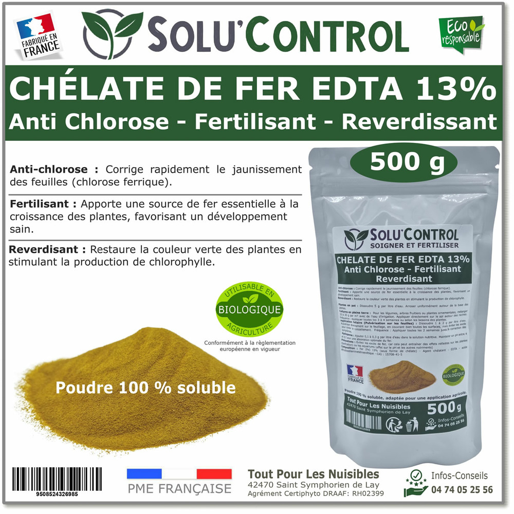 Solu'control chélate de fer edta 13%, anti-chlorose, fertilisant, reverdissant-500g