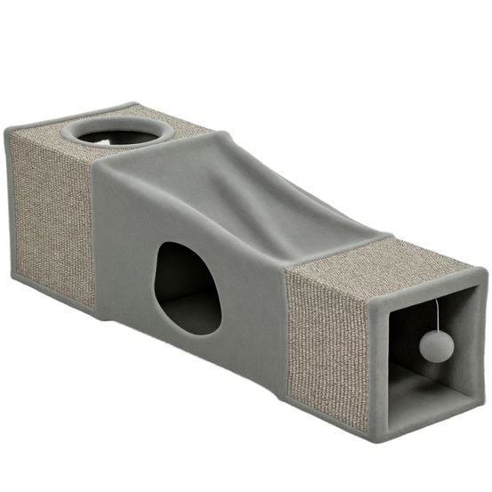Tunnel jeu chat sisal intérieur cachette balle suspendue griffoir gris 98x30x30cm