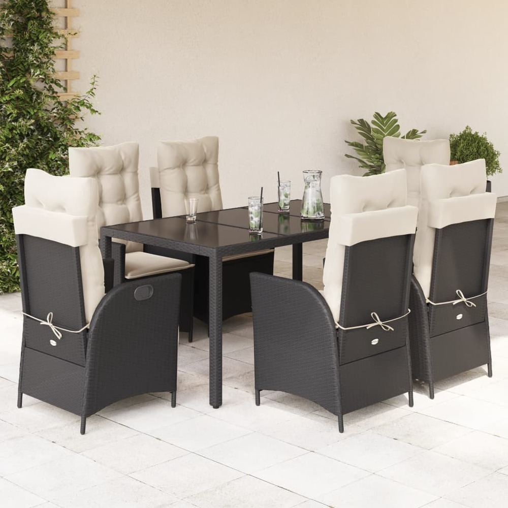 Ensemble à manger de jardin coussins 7pcs noir résine tressée