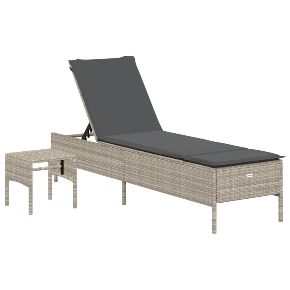 Chaise longue avec table et coussin gris clair résine tressée bain de soleil