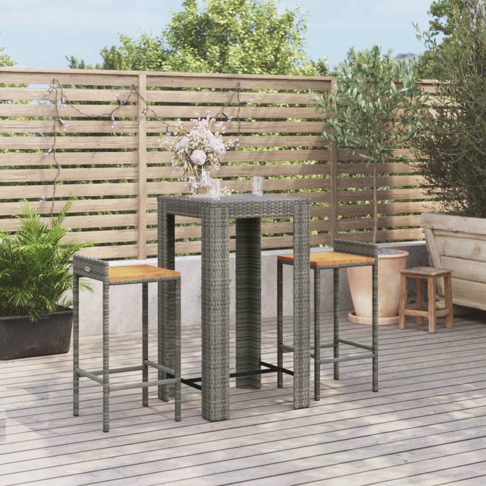 Ensemble de bar jardin 3 pcs gris poly rotin/bois massif acacia