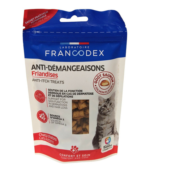 Friandises anti démangeaisons 65 g pour chats et chatons.