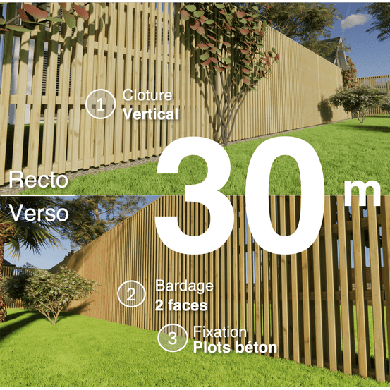 Kit clôture bois moderne 30m – h 2,3m – 45 x 45 mm autoclave – pose vertical – double face – à sceller