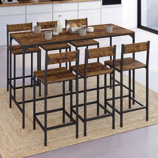 Ensemble table haute de bar dayton 150 cm et 6 tabourets avec dossier effet vieilli design industriel