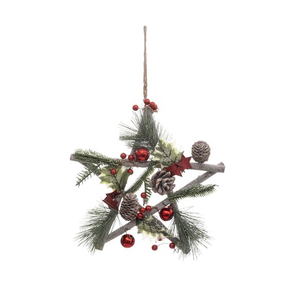 Suspension de noël - etoile en bois avec branchage et décoration h 30 cm