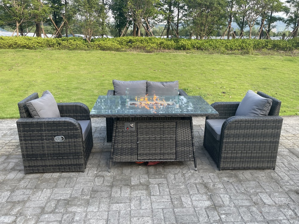 Rotin outdoor garden furniture gas firepit table set chauffage à gaz amour canapé chaise longue 4 places