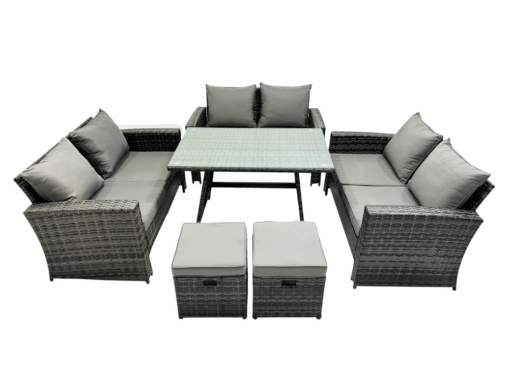 Salon de jardin avec table à manger rectangulaire canapé 2 places 2 petits tabourets gris foncé mixte