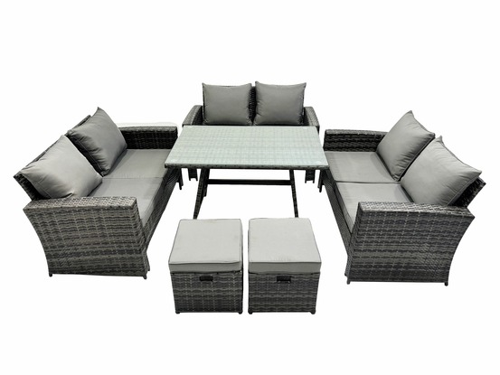 Salon de jardin avec table à manger rectangulaire canapé 2 places 2 petits tabourets gris foncé mixte