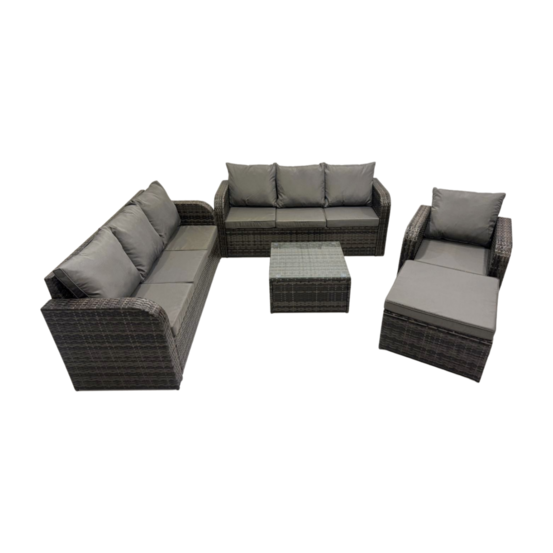 Salon de jardin exterieur avec canapés table basse carrée chaise inclinable grand tabouret gris foncé mixte