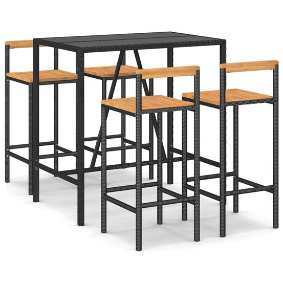Ensemble de bar jardin 5 pcs noir poly rotin/bois massif acacia