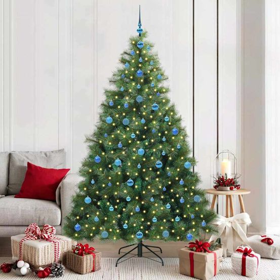 Grand sapin de noël artificiel vert 210 cm, lumineux 300 led et kit 120 boules inclus