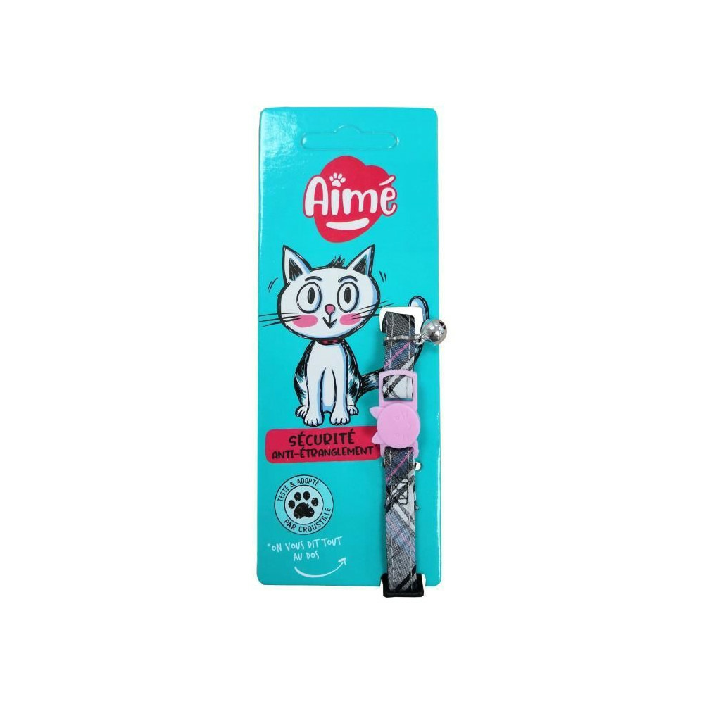 Collier pour chat - aime - tartan rose - jean bleu, fleur caramel, grelot doré