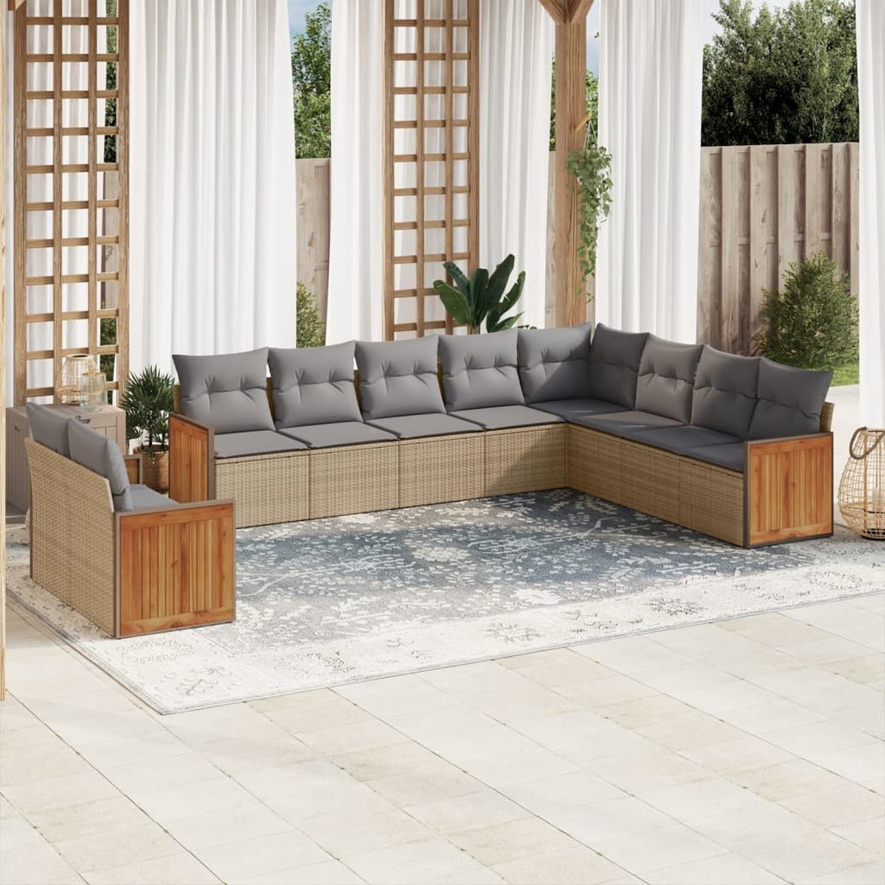 Salon de jardin avec coussins 10 pcs beige résine tressée