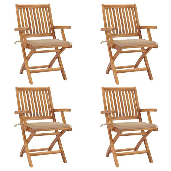 Chaises pliantes avec coussins, 4 pièces, en teck massif