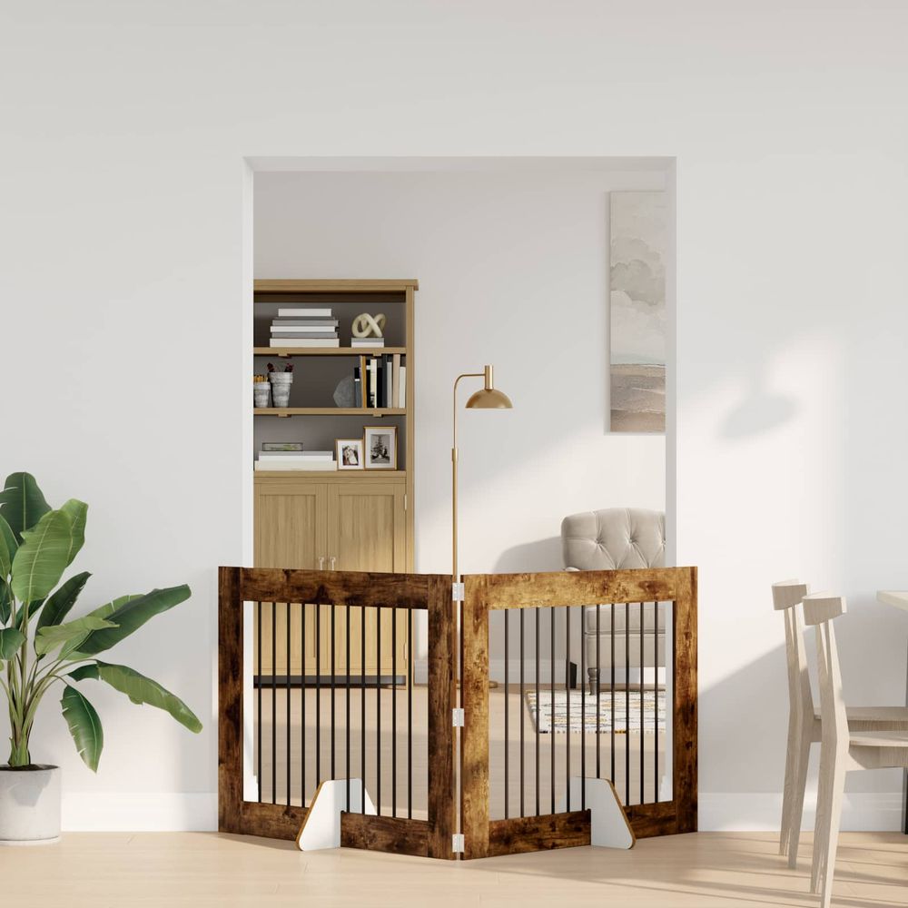 Barrière de sécurité pliable pour chien intérieur en bois avec supports 200,5cm chêne fumé