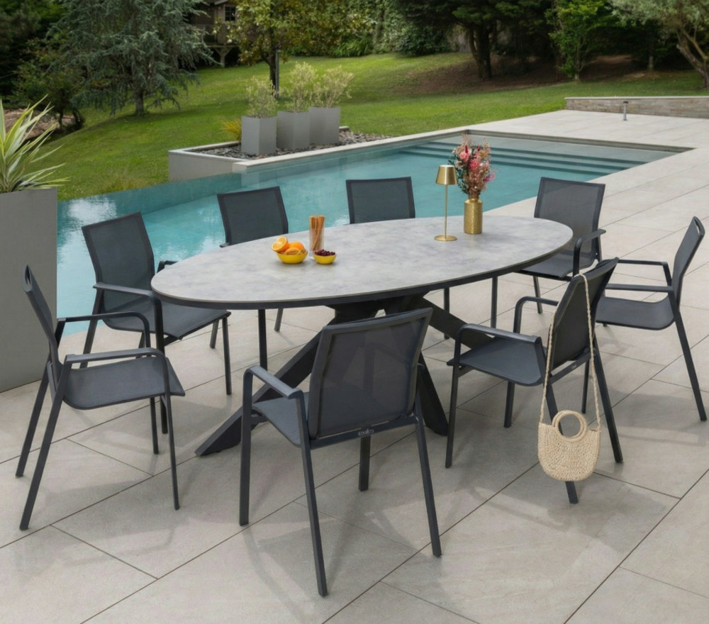 Ensemble table et chaises de jardin - 8 places - gris - carmelory ardoise