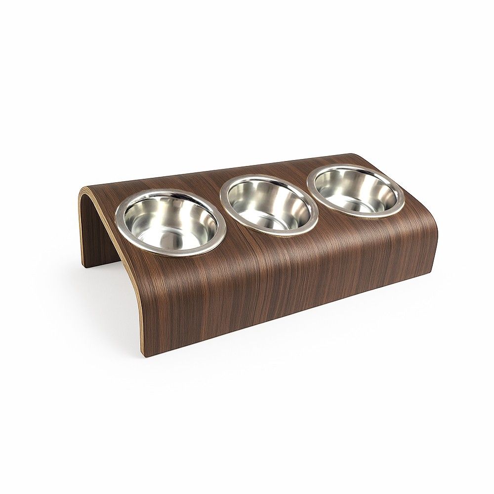Buvo - set ergonomique de 3 gamelles surélevées en acier, socle bois noyer, 43x24x14cm