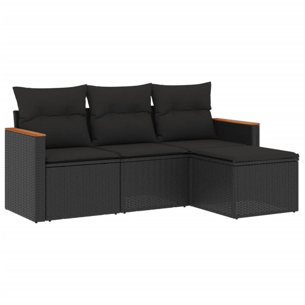 Salon de jardin 4 pcs avec coussins noir résine tressée