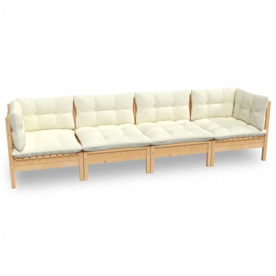 Salon de jardin 4 pcs avec coussins crème bois de pin massif