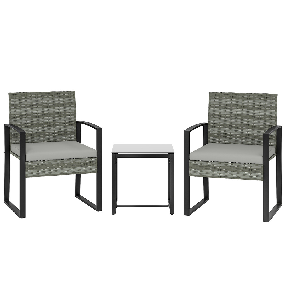 Ensemble bistro rotin 3 pièces : 2 fauteuils de jardin + table basse, coussins amovibles, gris clair