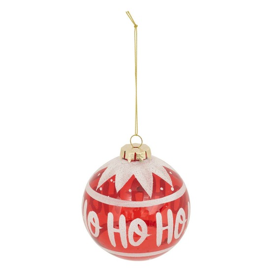 Boule verre hô hô hô d.9cm rouge et blanc