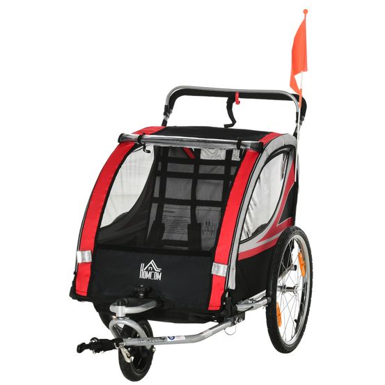 Remorque vélo enfant acier 2 places convertible jogger avec réflecteurs rouge 142x75x101cm