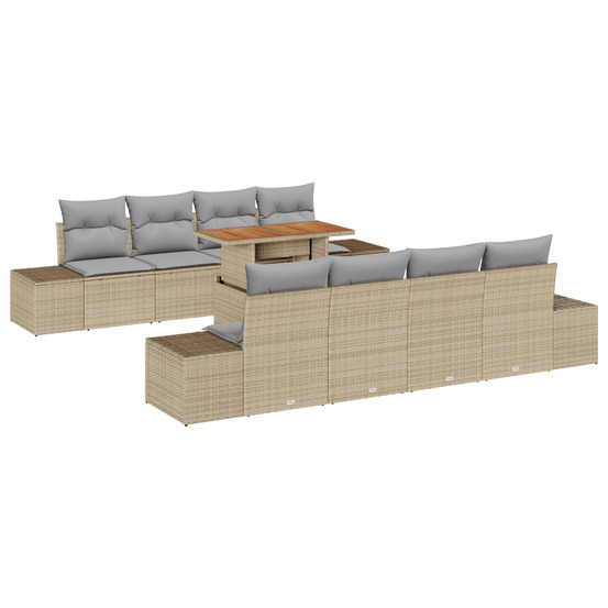 Set de salle à manger de jardin 9 pièces avec coussins beige poly rattan acacia
