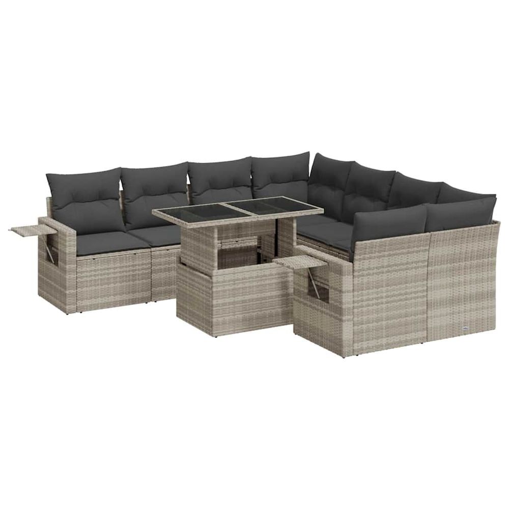 Salon de jardin 9 pcs avec coussins gris clair résine tressée