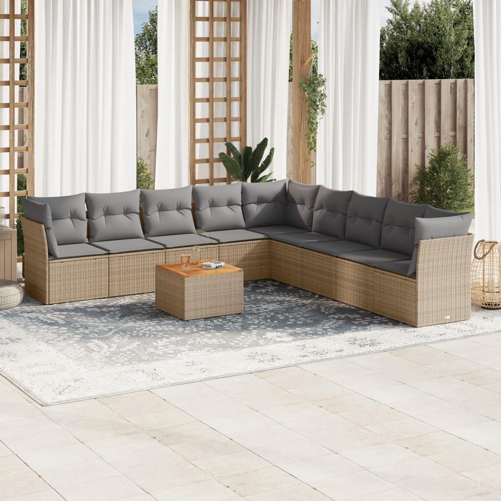 Salon de jardin et coussins 10 pcs mélange beige résine tressée